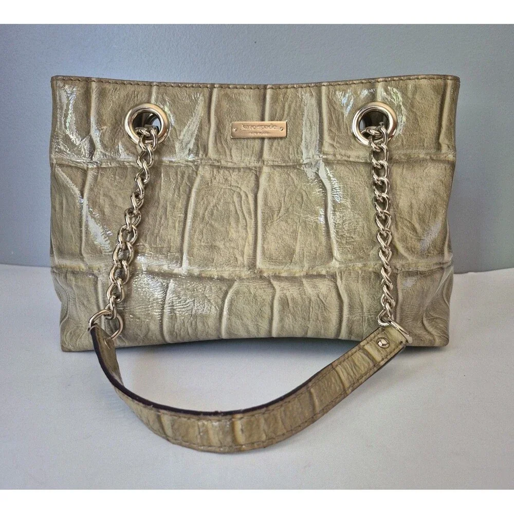 Kate Spade New York Taupe Alligator Embossed Leather Chain Link Shoulder Purse